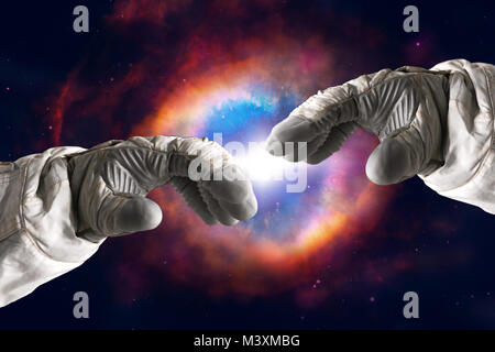 Close up of human hands touching with fingers in space. Elements of this image furnished by NASA Stock Photo