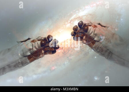 Close up of human hands touching with fingers in space. Elements of this image furnished by NASA Stock Photo