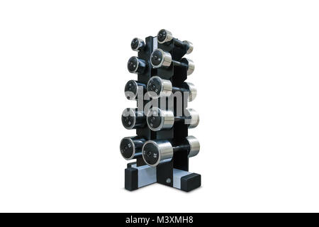 Set of isolated dumbbells for sport on a white background folded on a special black metal stand. Dumbbells of different weight category. Dumbbells wit Stock Photo