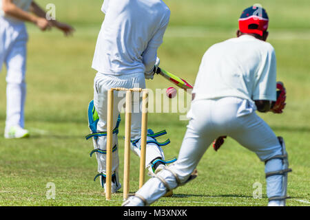 Cricket game action closeup unidentified abstract bowler batsman wicket keeper. Stock Photo