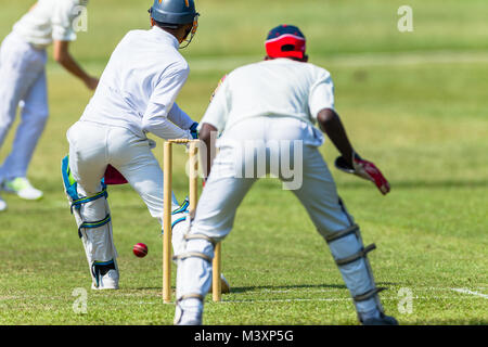 Cricket game action closeup unidentified abstract bowler batsman wicket keeper. Stock Photo