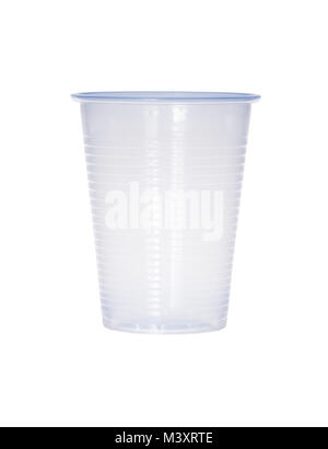 Blue empty transparent plastic cup isolated on white. Stock Photo