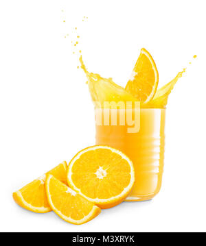 orange slice falling into juice creating splashes. Isolated on white background. Glass of splashing orange juice with cutting orange fruit Stock Photo