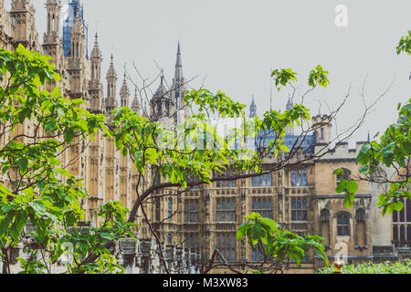 LONDON, UNITED KINGDOM - August, 13th, 2015: architectural details of the Palace of Westminster in London city centre shot behind trees Stock Photo