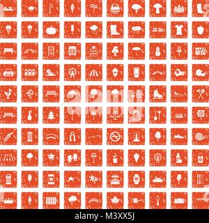 100 park icons set grunge orange Stock Vector