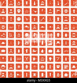 100 barber icons set grunge orange Stock Vector