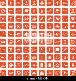 100 photo icons set grunge orange Stock Vector