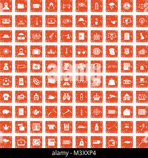 100 police icons set grunge orange Stock Vector