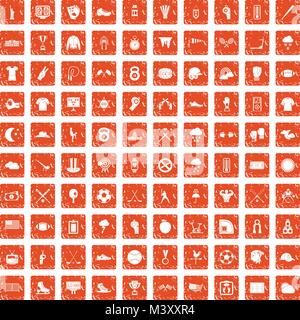 100 baseball icons set grunge orange Stock Vector