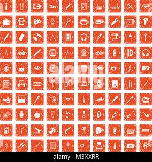 100 portable icons set grunge orange Stock Vector