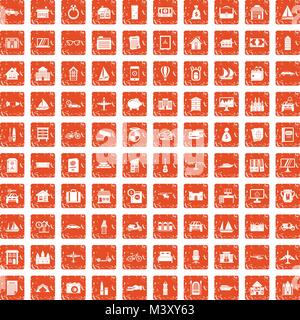 100 property icons set grunge orange Stock Vector