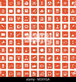 100 researcher science icons set grunge orange Stock Vector
