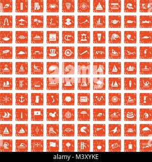100 sailing vessel icons set grunge orange Stock Vector