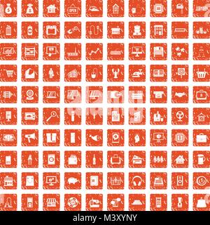 100 sales icons set grunge orange Stock Vector