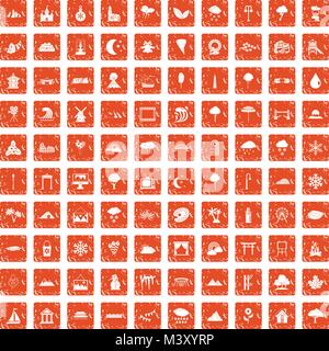 100 scenery icons set grunge orange Stock Vector