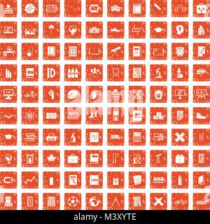 100 school icons set grunge orange Stock Vector