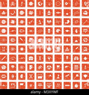100 science icons set grunge orange Stock Vector