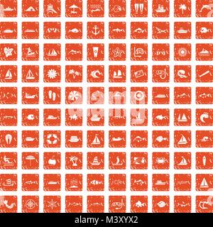 100 sea icons set grunge orange Stock Vector