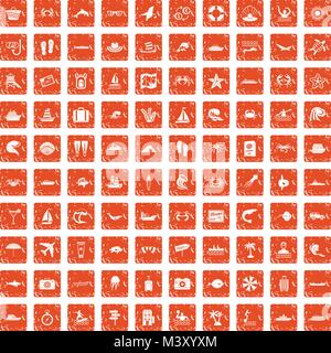 100 sea life icons set grunge orange Stock Vector