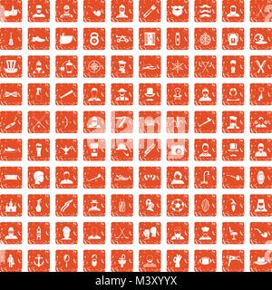 100 beard icons set grunge orange Stock Vector
