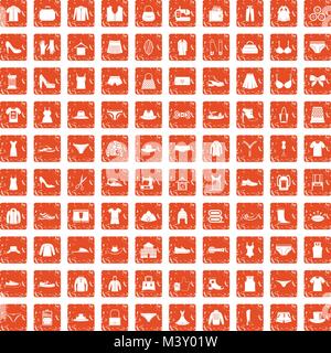 100 sewing icons set grunge orange Stock Vector