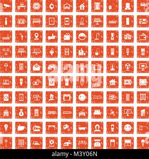 100 smart house icons set grunge orange Stock Vector