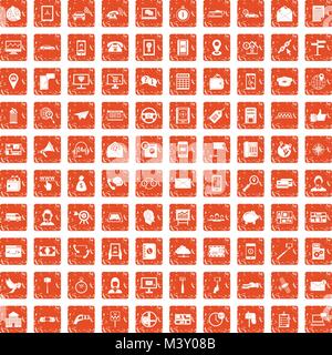 100 smartphone icons set grunge orange Stock Vector