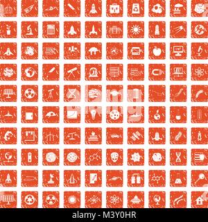 100 space icons set grunge orange Stock Vector