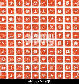 100 space technology icons set grunge orange Stock Vector