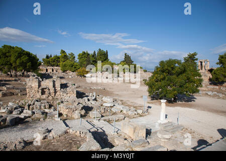 Europe, Greece, Peloponnese, ancient Corinth, archaeological site, view with the Temple of Apollo Stock Photo