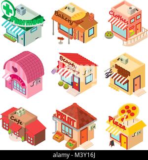 Store facade front shop icons set, isometric style Stock Vector