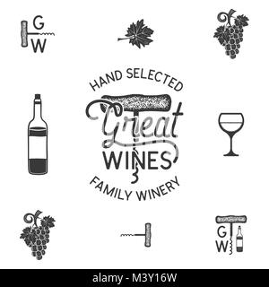 Wine, winery logo and icons, elements. Drink, alcoholic beverage symbol, monogram. Wine bottle, glass, grape, leaf. Great wines lettering. Stock vector monochrome illustration isolated on white Stock Vector