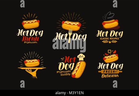 HOT DOG, food logo or label. Elements for design of restaurant menu or eatery. Typography vector illustration Stock Vector