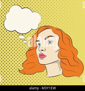 Pretty red hair girl vector cartoon illustration in pop art style.. A Woman s face with speech bubble above dotted background Stock Vector