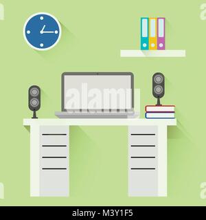 Desktop, flat design, office interior vector illustration banner Stock Vector