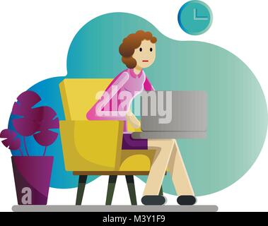 Girl freelancer or business woman working with laptop in armchair, big plant standing nearby and clock on the wall, vector sign or banner Stock Vector