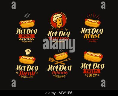 Hot dog logo or label. Fast food set of icons. Vector illustration Stock Vector