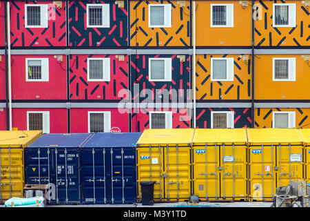 HELSINKI, FINLAND, JUL 03 2017, series of colorful mobile containers for accommodation is stacked on themselves, Helsinki, Finland. Stock Photo
