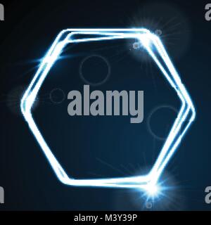 Glow blue neon bright hexagon shiny background. Energy effect logo vector template design Stock Vector