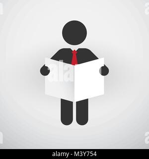 Simple black silhouette of a man with a red tie and newspaper Stock Vector