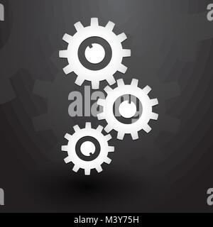 Three white gears on black background Stock Vector