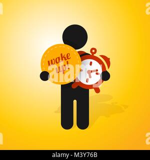 figure man holds alarm clock and sign wake up Stock Vector