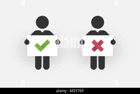 Black silhouettes of two men with a sign right and wrong Stock Vector