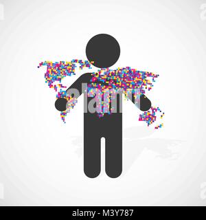 black silhouette of a man holds three world map made of small colored squares Stock Vector