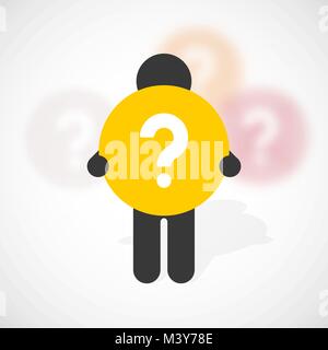 black silhouette of a man holds yellow circle with a question mark Stock Vector