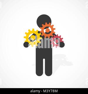 black silhouette of a man holds three gear wheels Stock Vector