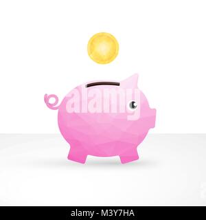 small pink pig as a money box and coin Stock Vector