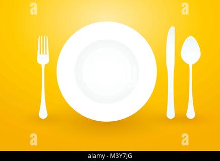 spoon fork knife and plate on yellow background Stock Vector