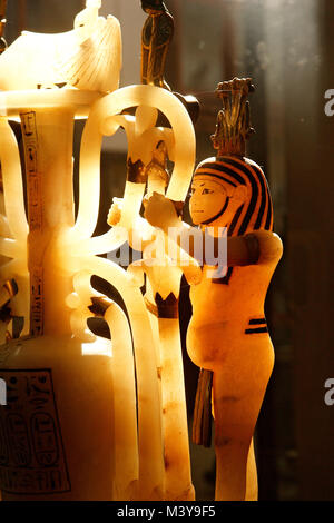 Egypt, Cairo, the Egyptian Museum of Cairo, Toutankhamon's Treasure, detail of an alabaster jar with paunchy Nile God, symbol of abundance Stock Photo