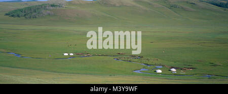 Mongolia, Arkhangai Province, Snake Valley, nomad camp and yurts Stock Photo